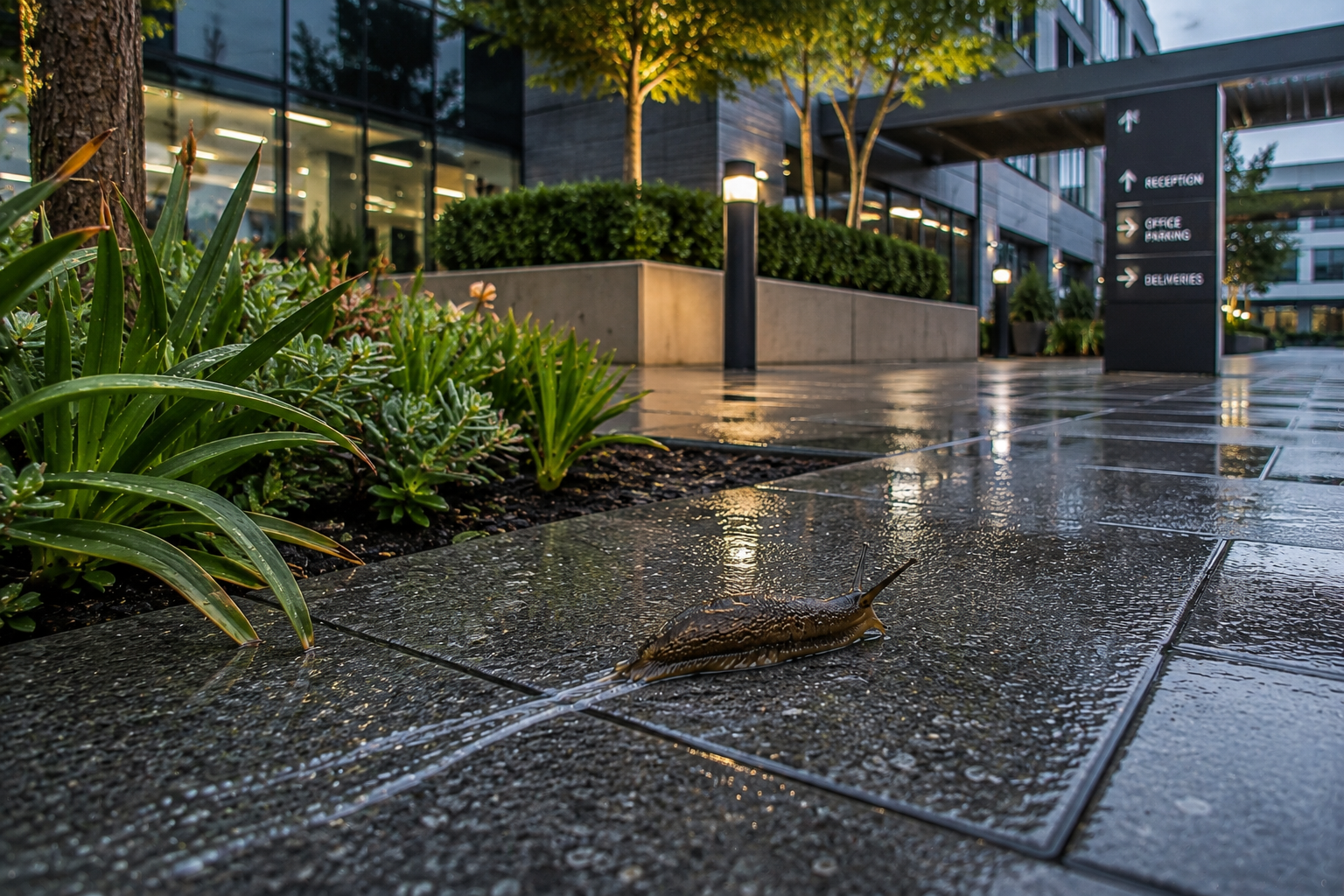 Slug leaving a slime trail on wet paving at a Cape Town commercial office complex