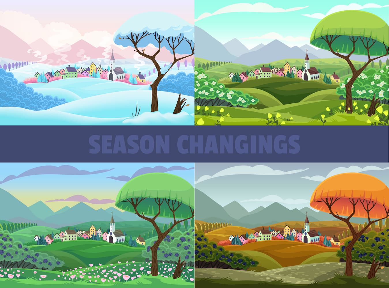 Four seasons depicted in landscapes: winter with snow, spring flowers, summer greenery, and autumn foliage.