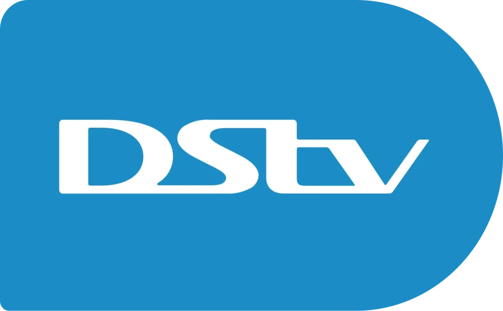 White DSTv logo on a blue background, featuring a modern design with rounded edges.