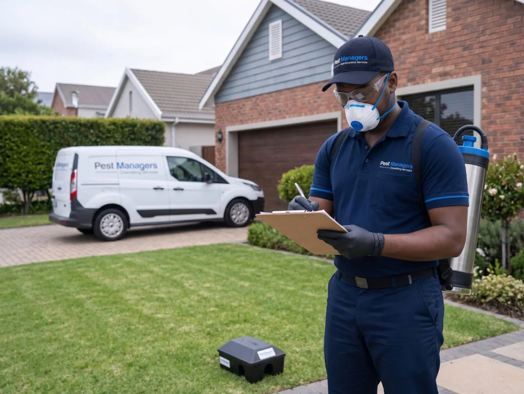 A pest control professional in uniform takes notes while standing on a lawn beside a marked van.
