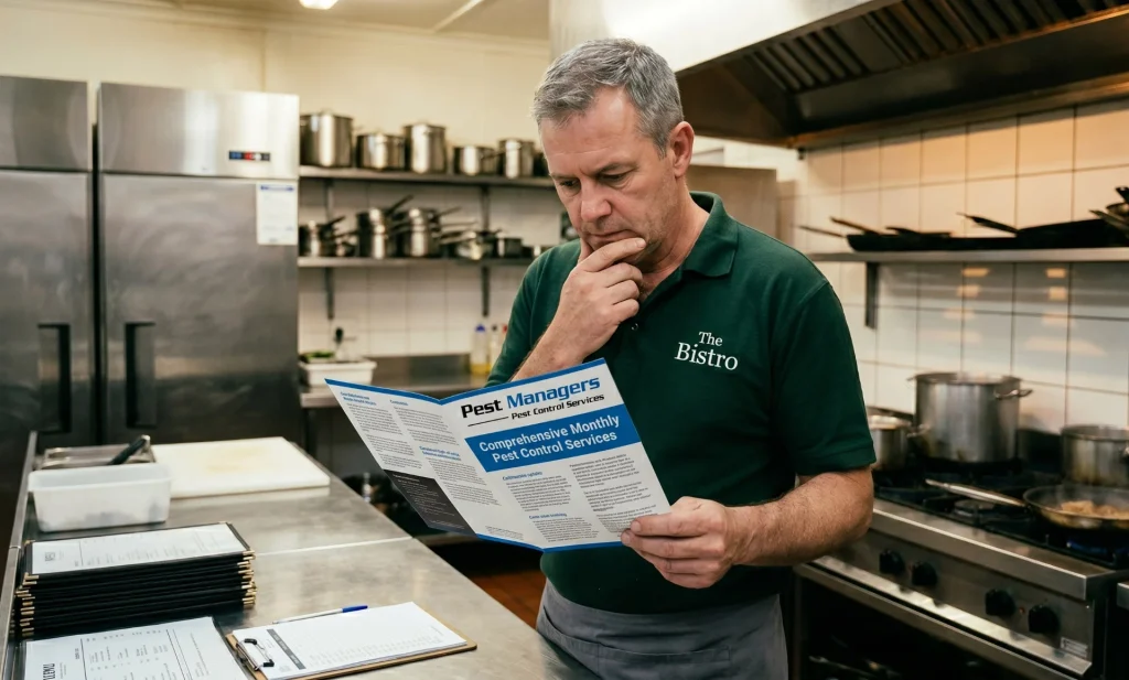 A man in a bistro kitchen reads a Pest Managers brochure about monthly pest control services.