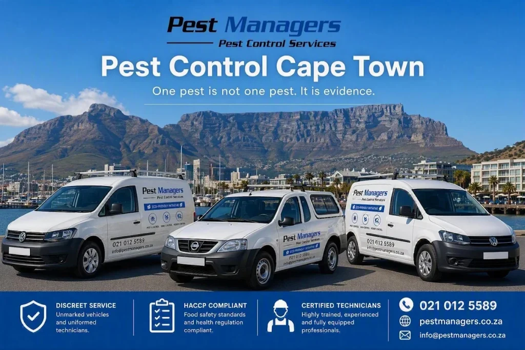 Three pest control service vehicles are parked by the waterfront in Cape Town, with Table Mountain in the background.