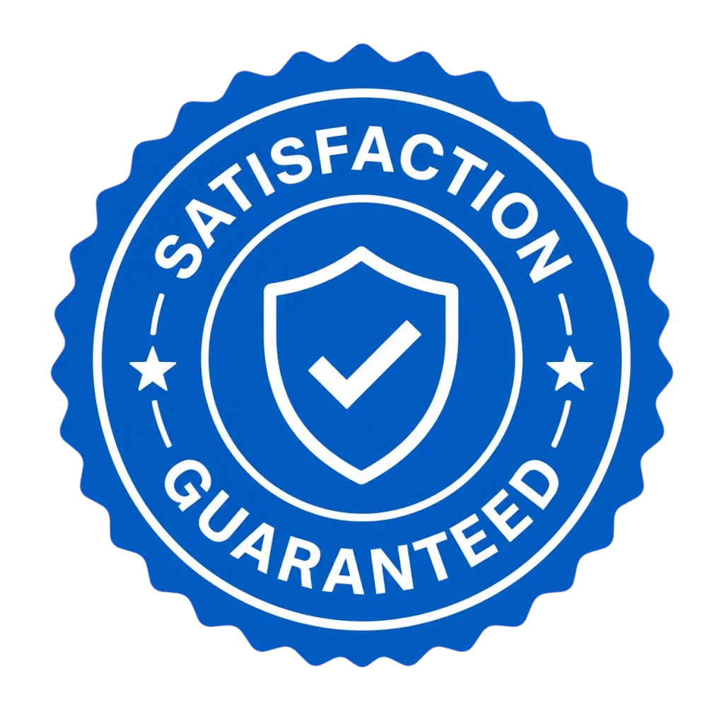 Blue badge with a shield and checkmark, featuring the text Satisfaction Guaranteed in a circular design.