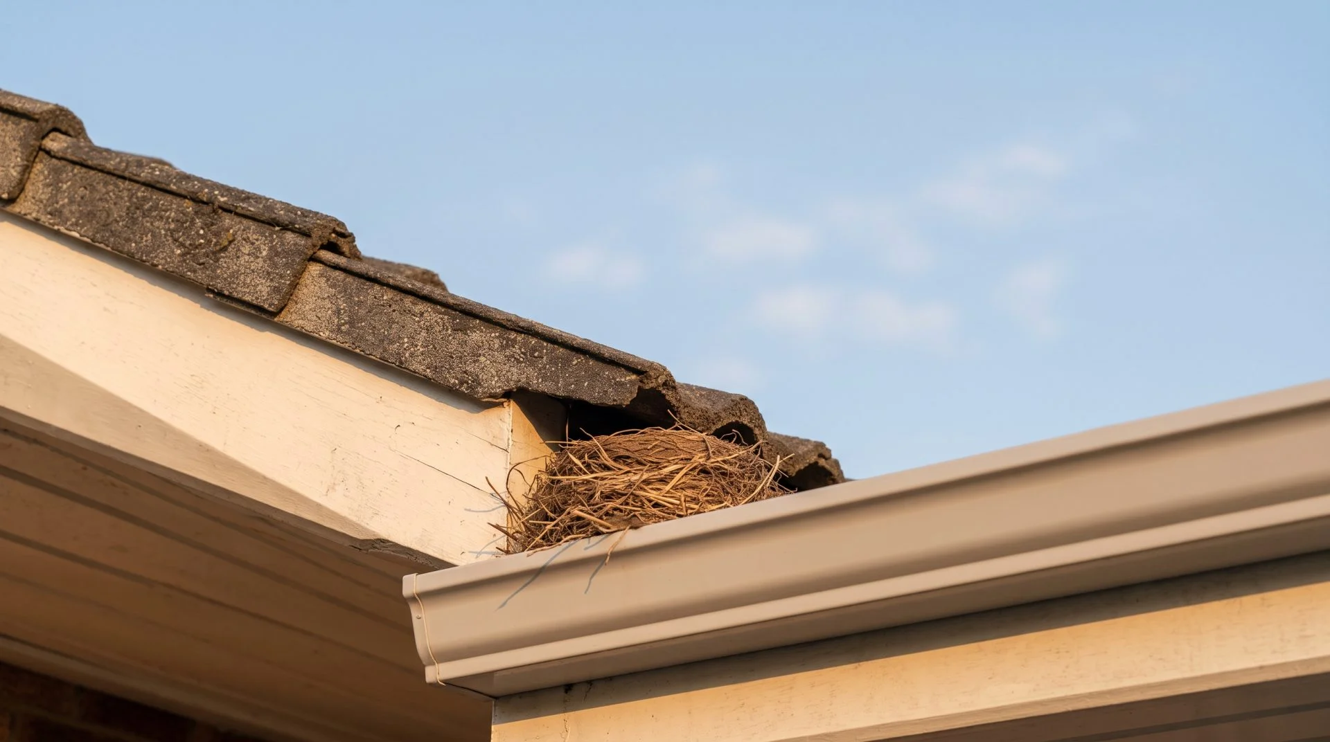 Nest made of twigs and grass sits in the corner of a house roof, under a clear blue sky.