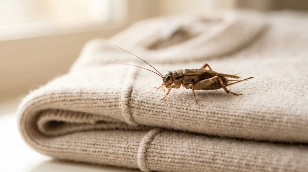 A cricket crawls on a neatly folded beige sweater, with soft natural light highlighting the textures.