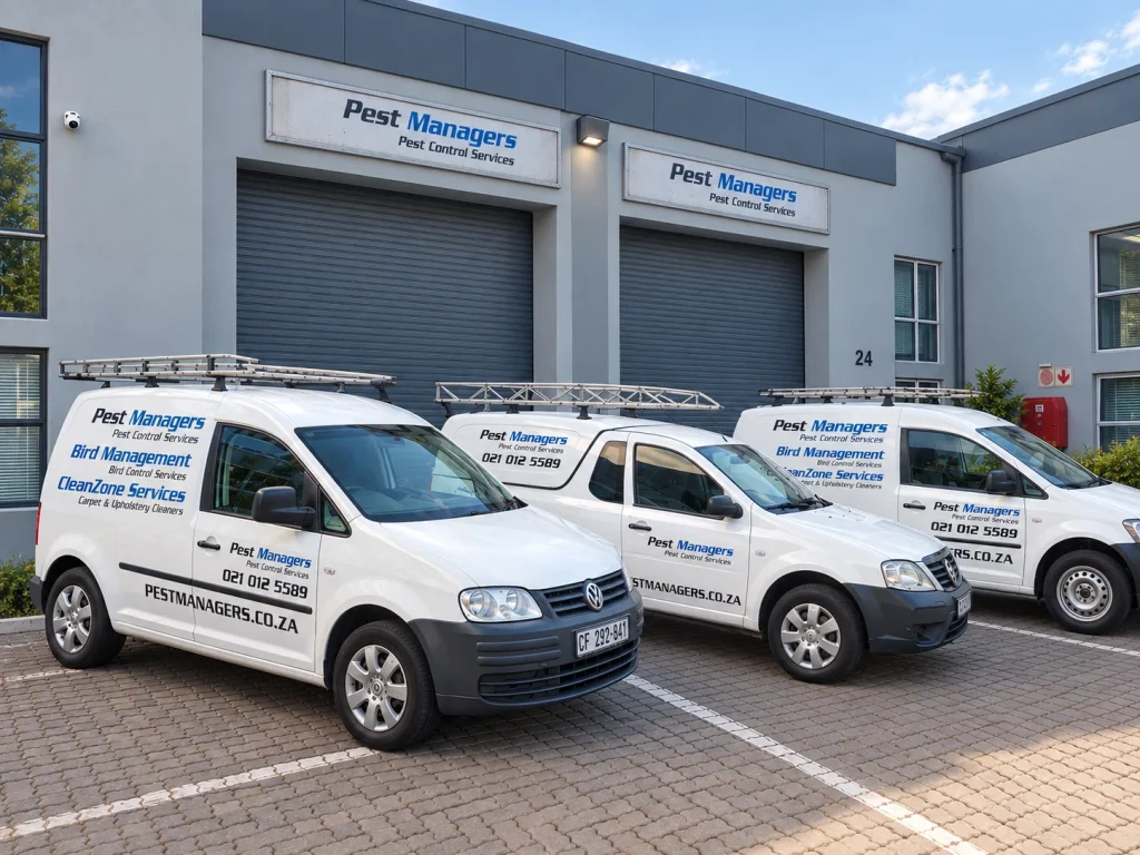 Three branded Pest Managers service vehicles parked outside the company building